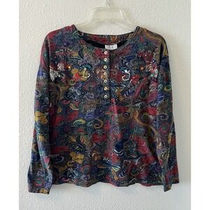 VTG Together! 80s Henley Top Size Sm Embellished Funky Print Buttons Art To Wear
